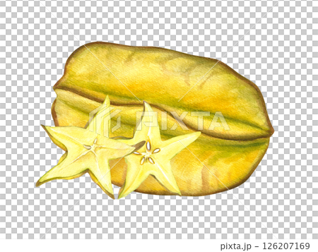Ripe yellow green carambola with slices watercolor illustration isolated background. Star fruit for food packaging, healthy eating concepts, cookbooks, tropical designs, and culinary branding Ripe yellow green carambola with slices watercolor illustration isolated background. Star fruit for food packaging, healthy eating concepts, cookbooks, tropical designs, and culinary branding 126207169