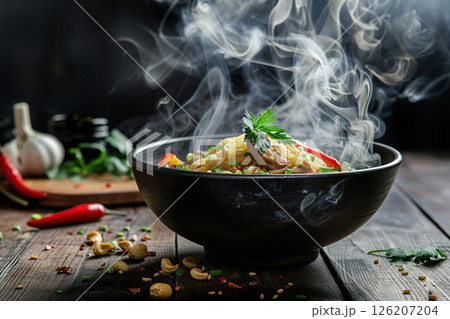Stir fry noodles with vegetables and beef in black bowl. Chow mein dish. Hot ramen noodle with steam smoke, green onion in black bowl on wooden table background. Spicy Asian meal. Junk food concept. Stir fry noodles with vegetables and beef in black bowl. Chow mein dish. Hot ramen noodle with steam smoke, green onion in black bowl on wooden table background. Spicy Asian meal. Junk food concept. 126207204