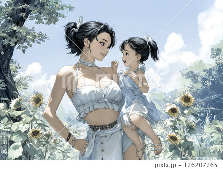 一生懸命に話をする女の子と話を聞くママのイラスト素材 126207265