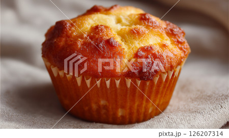 Delicious muffin stuffed with rich flavors resting on a soft fabric background 126207314