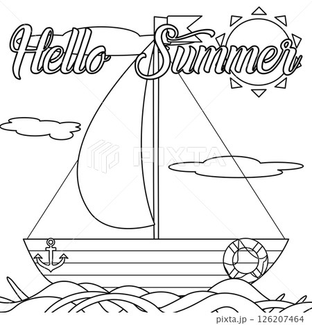Coloring with outline a scene of a sailboat with flag sailing on ocean waves, and sun with clouds. Hello Summer. For entertaining, holiday and vacation banner, or summertime, nautical, maritime design 126207464