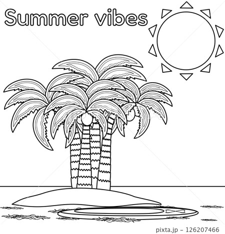Coloring page with outline a scene of a tropical island, palm trees, coconuts, surfboard, sun, ocean waves. Summer vibes. For entertaining, vacation banner, beach, summertime, tropics, sports design. 126207466
