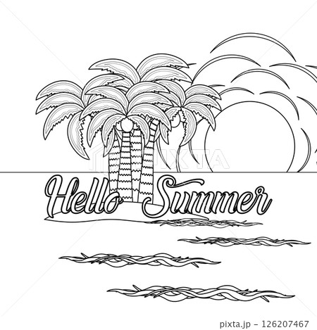 Coloring page with outline drawing of tropical island scene with coconut palms, sun, sunset, ocean waves. Hello Summer. For entertaining, holiday banner, or beach, summertime, tropics, outdoor design. Coloring page with outline drawing of tropical island scene with coconut palms, sun, sunset, ocean waves. Hello Summer. For entertaining, holiday banner, or beach, summertime, tropics, outdoor design. 126207467