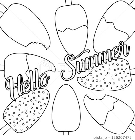 Coloring page with outline drawing a scene of ice cream frame on stick, whole and with bite marks. Hello Summer. For entertaining kids, holiday and vacation banner, or summertime, food, dessert design Coloring page with outline drawing a scene of ice cream frame on stick, whole and with bite marks. Hello Summer. For entertaining kids, holiday and vacation banner, or summertime, food, dessert design 126207473