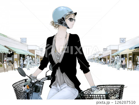 スクーターで買い物に来た若い女性のイラスト素材 126207510