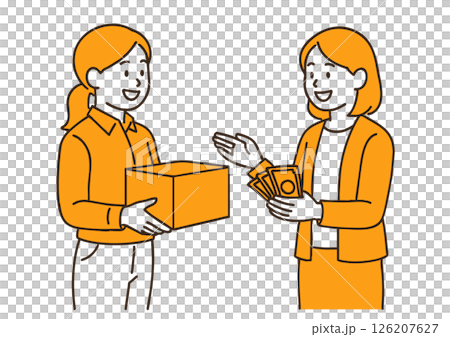 Illustration of a female businessman exchanging goods for money 126207627