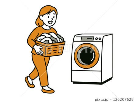 洗濯物を持って洗濯機へ向かう女性のイラスト 126207629