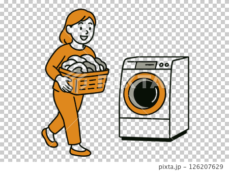 洗濯物を持って洗濯機へ向かう女性のイラスト 126207629