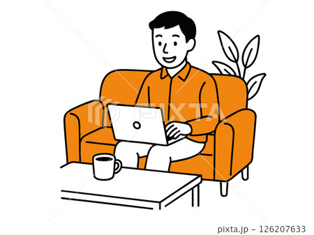 ソファでノートパソコン作業をする男性のイラスト（在宅ワーク・リモート勤務） 126207633
