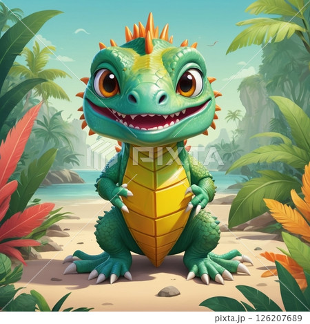 子ども向けイグアナキャラクター｜かわいいデフォルメ風イラスト素材 126207689