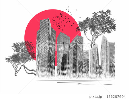 Abstract cityscape with condos and office buildings . Art collage or design with plants 126207694