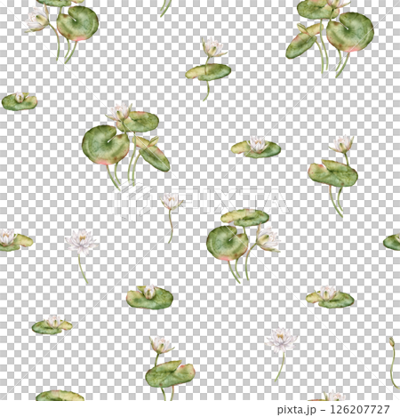 Seamless watercolor pattern featuring delicate white water lilies with green leaves. Hand-drawn lotus flowers on an isolated background, perfect for textiles and wrapping paper. Seamless watercolor pattern featuring delicate white water lilies with green leaves. Hand-drawn lotus flowers on an isolated background, perfect for textiles and wrapping paper. 126207727