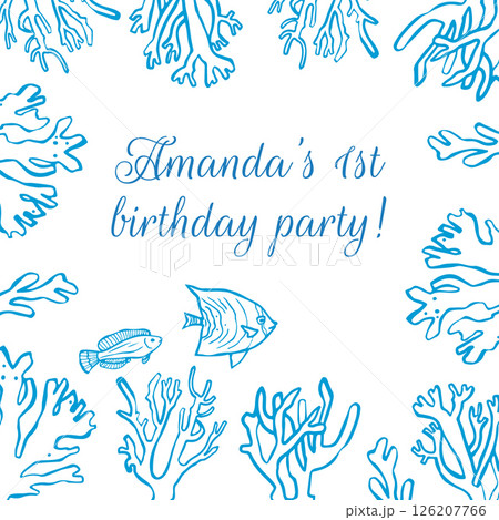 Vector outline frame of blue corals with fish for invitations 126207766