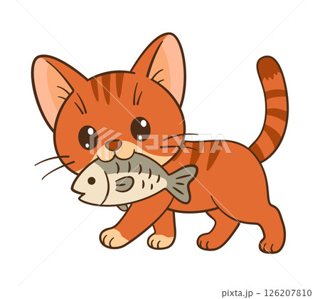 Cute red tabby kitten carries a fish in its mouth. Hand drawn fun and heartfelt style 126207810