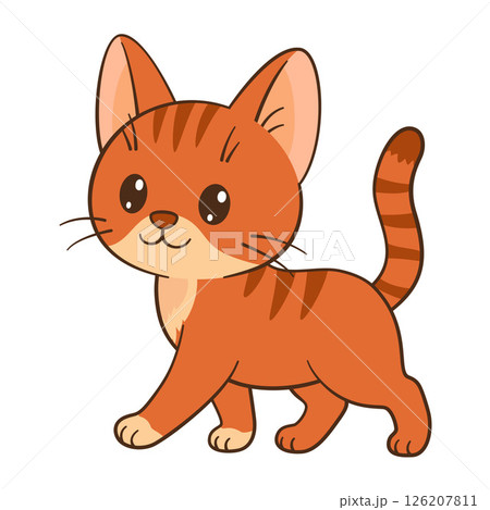 Cute ginger tabby kitten walking. Hand drawn fun and heartfelt style 126207811