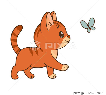 Cute ginger tabby kitten follows a butterfly. Hand drawn fun and heartfelt style 126207813