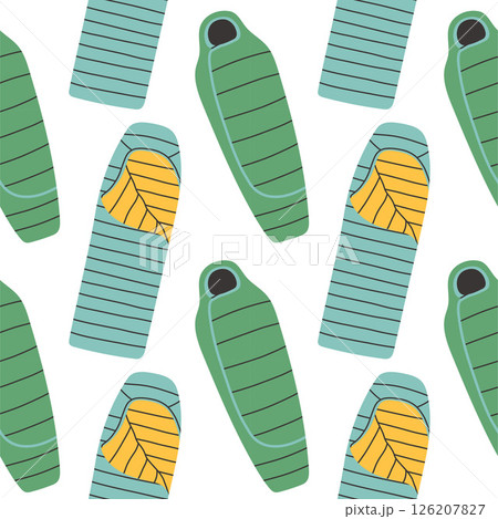 Sleeping bag seamless pattern on white background. Summer camp pattern design in hand drawn flat style for scrapbooking, textile, wrapping, banner Sleeping bag seamless pattern on white background. Summer camp pattern design in hand drawn flat style for scrapbooking, textile, wrapping, banner 126207827
