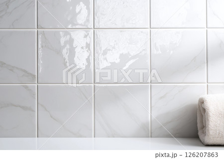 白いタオルと浴室の白いタイルの壁 126207863