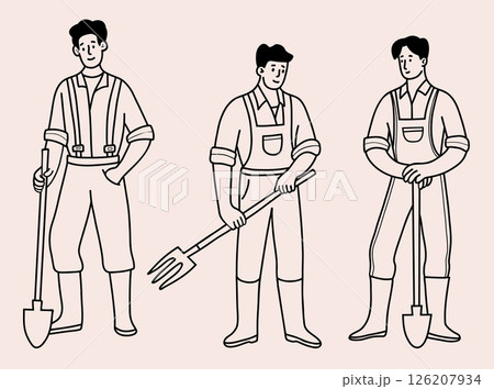 Outline Men Farmer with garden tools Shovel and pitchfork. Male Gardeners set. Isolated linear hand drawing. Vector illustration 126207934