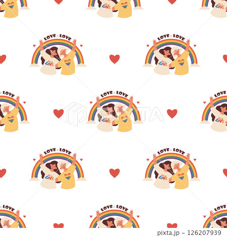 Seamless Pattern Happy Couple LGBT Women Lesbian Under Rainbow on white background with hearts. Pride Month. LGBTQ community, Parade, love, support, acceptance. Holiday backdrop. Vector illustration 126207939