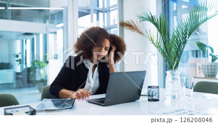 Stress, laptop and businesswoman in office with fatigue, burnout or exhaustion with finance report deadline. Computer, frustrated and female financial advisor with confusion for client investment. 126208046