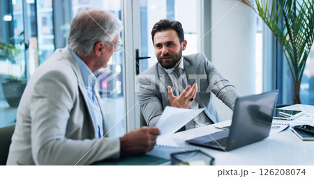 Business men, strategy and team discussion in office, planning or brainstorming insurance stats with paper. Laptop, meeting and conversation with boss for report, risk management and explain idea 126208074