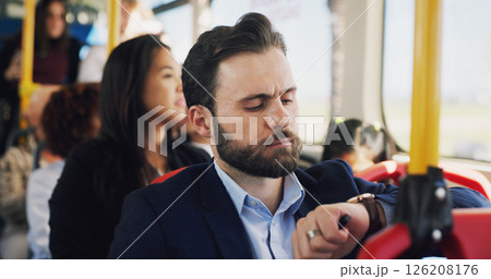 Businessman, bus and checking watch with time for late travel, delay or local commute in city. Man, traveler or deadline with wristwatch in public transport or vehicle for schedule or appointment Businessman, bus and checking watch with time for late travel, delay or local commute in city. Man, traveler or deadline with wristwatch in public transport or vehicle for schedule or appointment 126208176