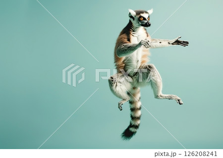 Active agile Lemur jumping high in the air on green color studio background. Animal with long striped tail playing flying. Cute Primate looking happy isolated colorful backdrop. Creative flyer for ad 126208241