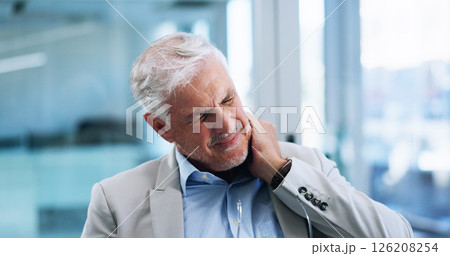 Tired, neck pain and stress with business man in office for deadline anxiety, muscle strain and burnout. Fatigue, fibromyalgia or debt with mature employee for shoulder injury, overworked or tension Tired, neck pain and stress with business man in office for deadline anxiety, muscle strain and burnout. Fatigue, fibromyalgia or debt with mature employee for shoulder injury, overworked or tension 126208254