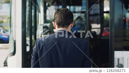 Back, bus stop and man with entrance, travel and boarding station with public transportation. Enter, city service or passenger with vehicle trip, morning commute or urban town with journey or routine Back, bus stop and man with entrance, travel and boarding station with public transportation. Enter, city service or passenger with vehicle trip, morning commute or urban town with journey or routine 126208271