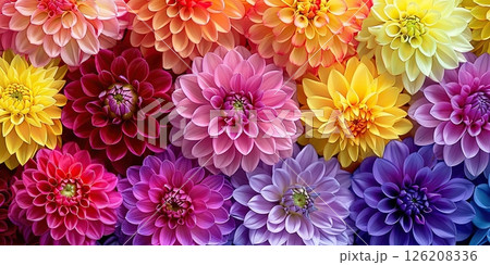 Flowers composition background. Flat lay Top view. Border frame made of magenta, yellow, blue, red dahlia. Vivid saturated multicolored flowerheads. Beautiful backdrop design. Floral assorted dahlias 126208336