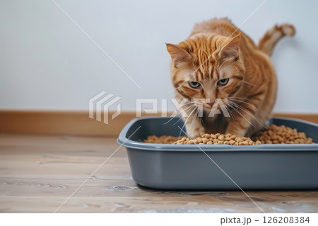 Adorable grey cat sitting near a litter box indoors. Pet care. Domestic ginger Cat looking at litterbox in a living room. Hygiene for pets. Feline wants to go to the toilet. Accustoming to the toilet 126208384