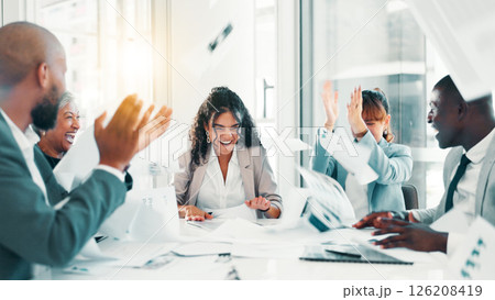 Business people, document and congratulations with celebration for office achievement, done or finished. Employees, group applause and throwing paperwork in air for excited, support and contract goal 126208419