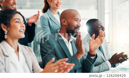 Business people, meeting and applause in seminar, celebration or negotiation success at office. Employees, team announcement or group clapping hands for partnership, proposal or winning contract goal 126208420