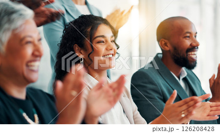 Business people, seminar and applause in celebration, meeting or negotiation success at office. Employees, team announcement or group clapping hands for partnership, prize or workshop contract goal 126208428