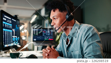 Trading support, screen or man on computer for customer service, investment advice and market insight. Contact us, call center and broker with client query for financial news, assistance and data 126208519