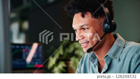 Trading call center, smile or man on computer for customer service, investment advice and market insight. Contact us, advisor and broker with client query for financial news, assistance and charts 126208532