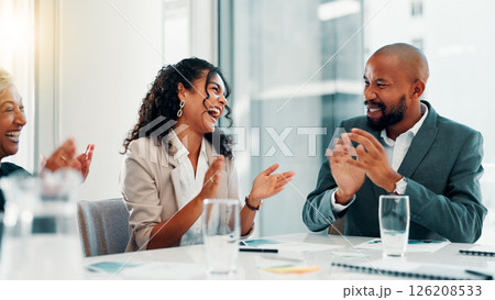 Business people, applause and success at office with meeting, profit and goals at finance agency. Man, women and excited with cheers, celebration and achievement with revenue growth at company 126208533
