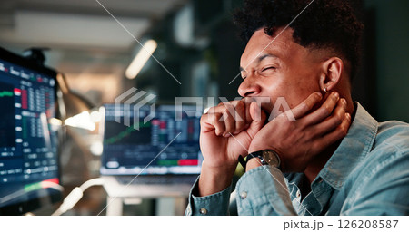 Man, yawn and tired by computer screen for trading, charts or fatigue for report in office at company. Person, overtime and monitor at night, exhausted and burnout for stock market stats at agency 126208587