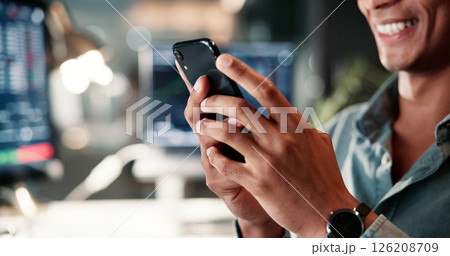 Business, hands and man with cellphone, smile and professional with communication. Night, person and investor in office, smartphone or chatting with connection, email and digital app for stock market 126208709