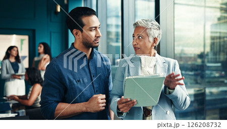 Talking, mentor or business people on tablet in office for research, project or accounting proposal. Financial growth, finance analysts or news update for budget report, economy or review investment 126208732