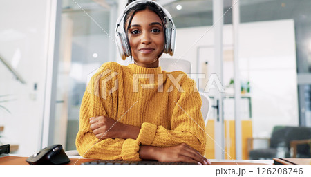 Woman, headset and portrait at office with smile, review or arms crossed for tech support at IT startup. Person, consultant and voip mic for virtual advisory service, happy and help desk in Mexico 126208746