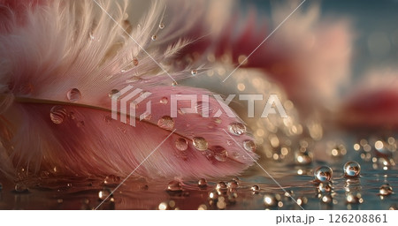 Delicate Pink Feather Adorned With Water Droplets on a Reflective Surface During Soft Light 126208861