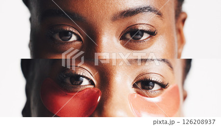 Portrait, collage and eye patches with black woman in studio for dermatology, self care and spa treatment. Glow, collagen mask and skincare with closeup of person on white background for facial Portrait, collage and eye patches with black woman in studio for dermatology, self care and spa treatment. Glow, collagen mask and skincare with closeup of person on white background for facial 126208937