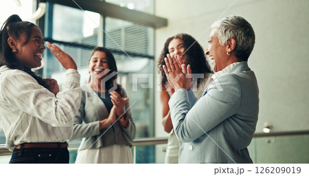 Women, group and high five with celebration at office with support, achievement and applause at agency. People, happy and cheers with goals, winning and team with congratulations at insurance company 126209019