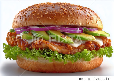 Grilled Chicken Sandwich With Fresh Vegetables and Sesame Bun Ready to Serve 126209141