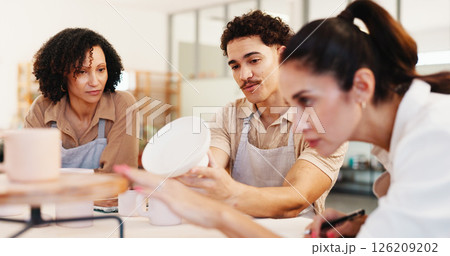 Inspection, group and people in pottery class, conversation and technique with sculpture mold. Business owner, artist or ceramic retail store with material, product or clay manufacturing with quality 126209202