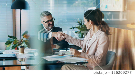 Shaking hands, agreement and business people in office for partnership, collaboration or finance deal. Meeting, welcome and financial manager with client for handshake with investment contract. 126209277
