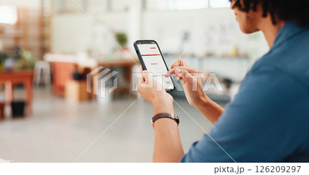 Hands, person and phone screen with invoice of small business for order, service quote and pottery sale. Potter, mobile and bills for stock account, bill statement and reading information of purchase 126209297