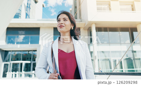 Thinking, business and woman with smile city for planning, corporate career and decision as accountant. Female person, vision and reflection for financial future, urban search and investment growth 126209298